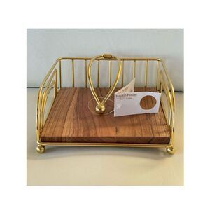 NWT Gorgeous Modern Gold Metal with   Rustic Wood Base Napkins Holder Minimalis